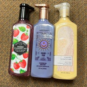 Bath and body soaps in fresh strawberry tart, Mojave plum and toasted honey comb